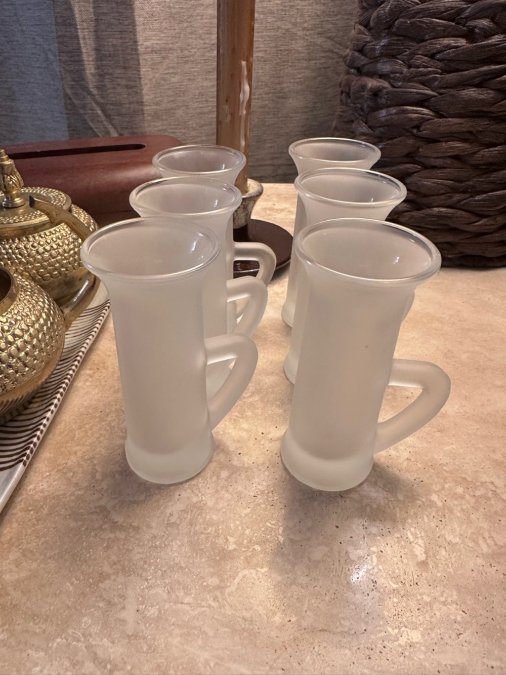 vintage Keglevich vodka frosted tall shot glasses